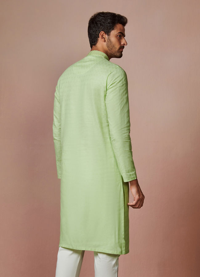 Green Cotton Kurta With Embroidered Collar image number 4