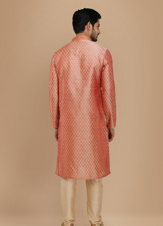 Manyavar Men Deep Coral Self Motif Kurta Set