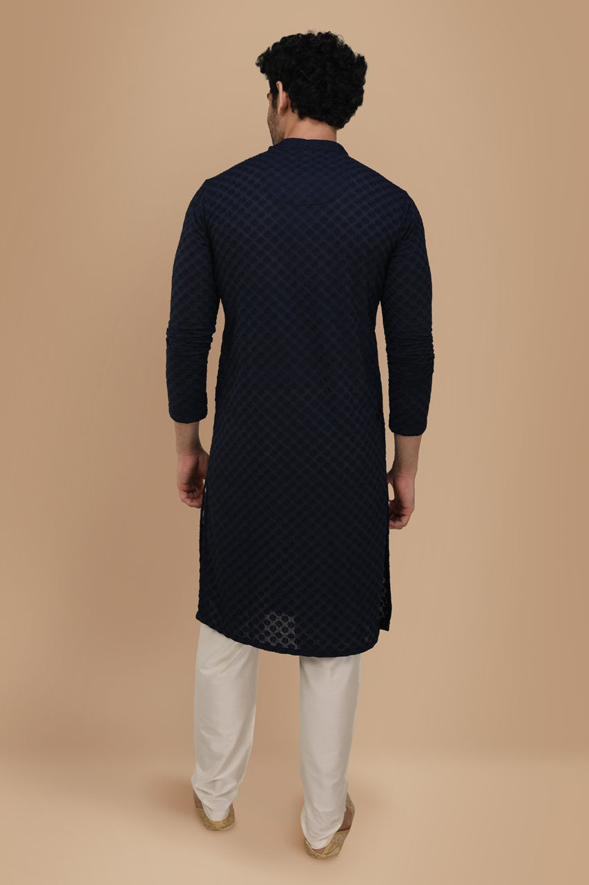 Manyavar Men Royal Blue Chikankari Kurta Pajama