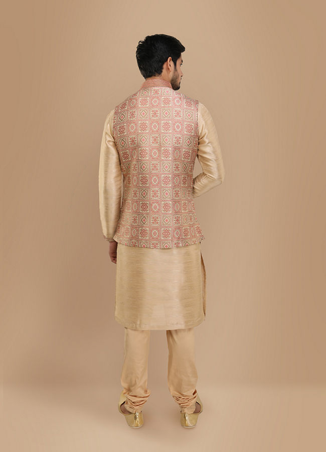 Manyavar Men Block Print Jacket With Beige Kurta Set