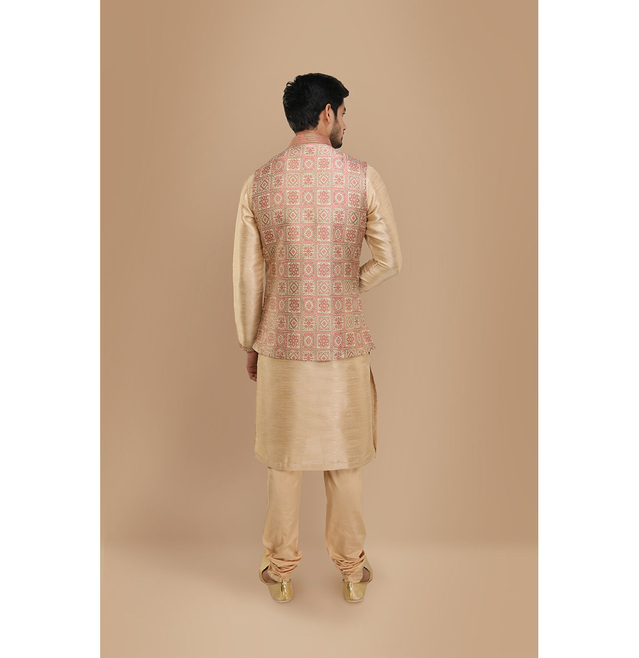 Manyavar Men Block Print Jacket With Beige Kurta Set