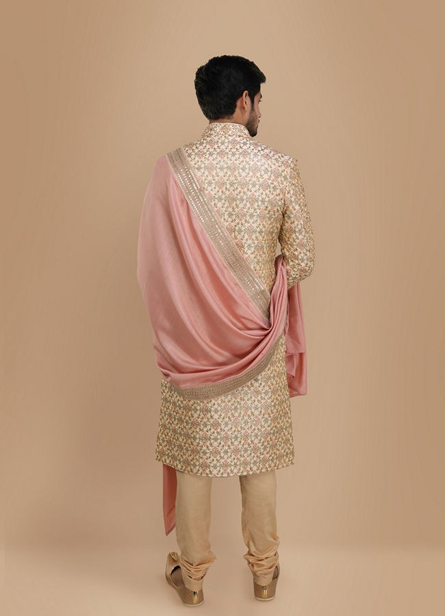 Manyavar Men Aesthetic Fawn Patterned Sherwani Set