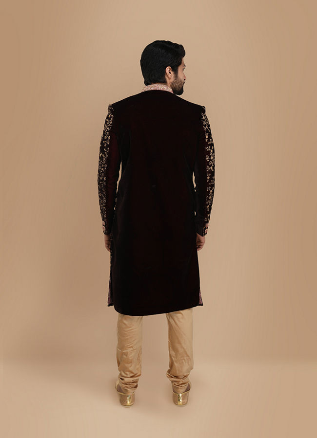 Manyavar Men Maroon Embroidered Groom Sherwani