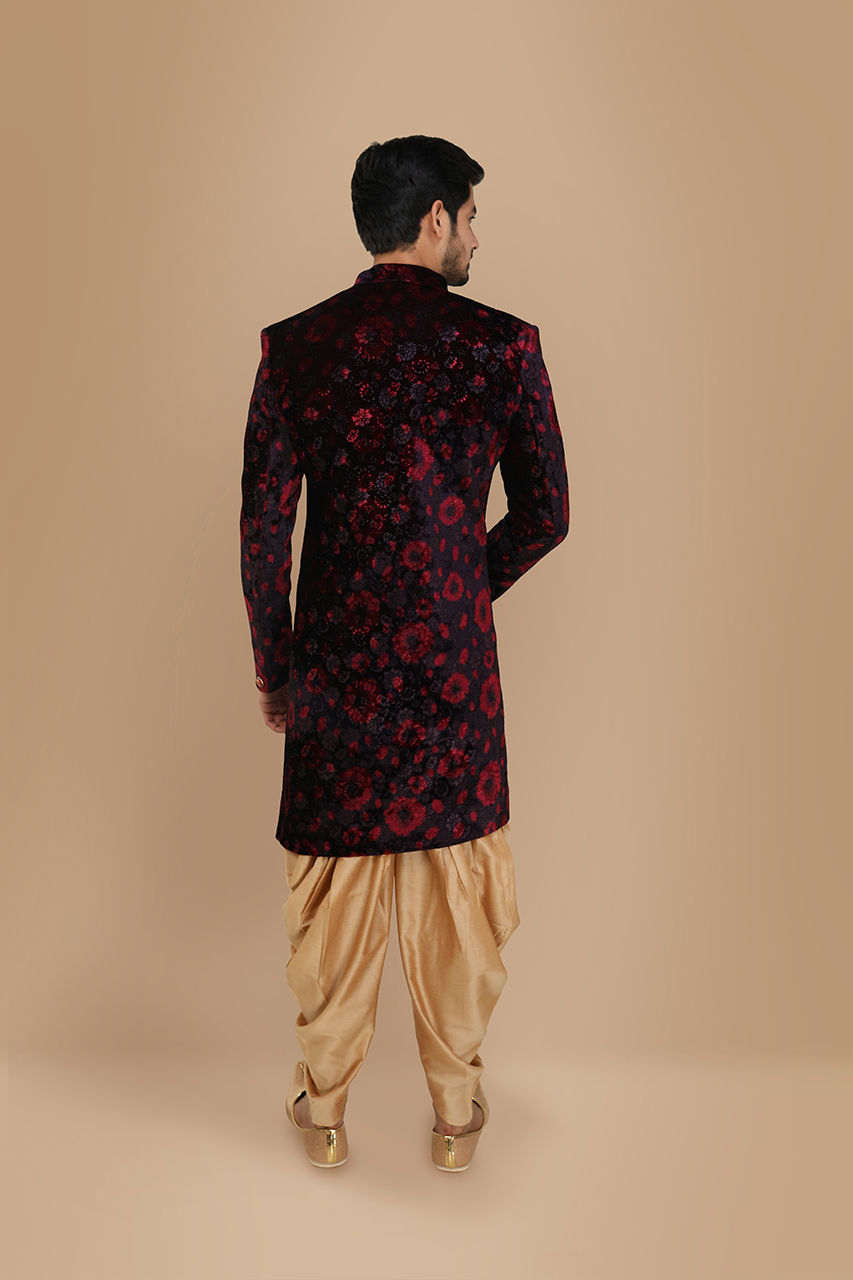 Manyavar Men Velvet Wine Shade Indo Western
