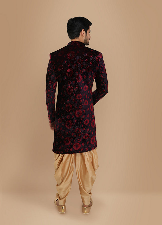Manyavar Men Velvet Wine Shade Indo Western