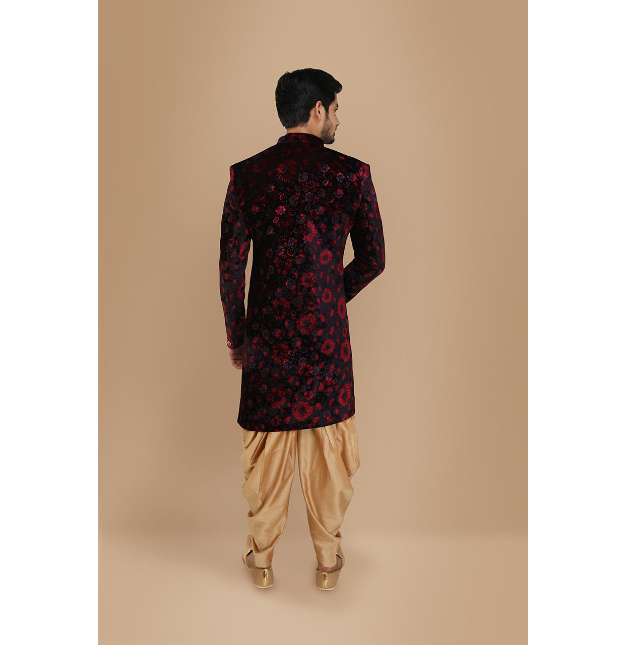 Manyavar Men Velvet Wine Shade Indo Western