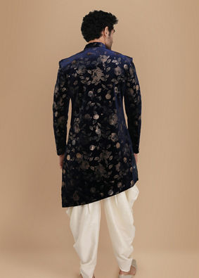 alt message - Manyavar Men Bold Blue Patterned Indo Western Set image number 2