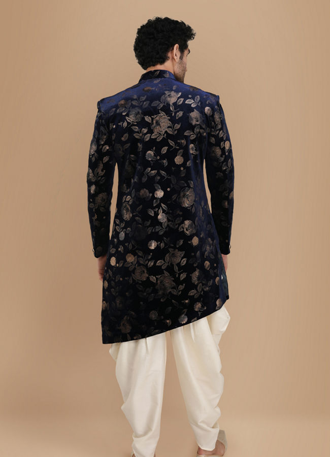 Manyavar Men Bold Blue Patterned Indo Western Set