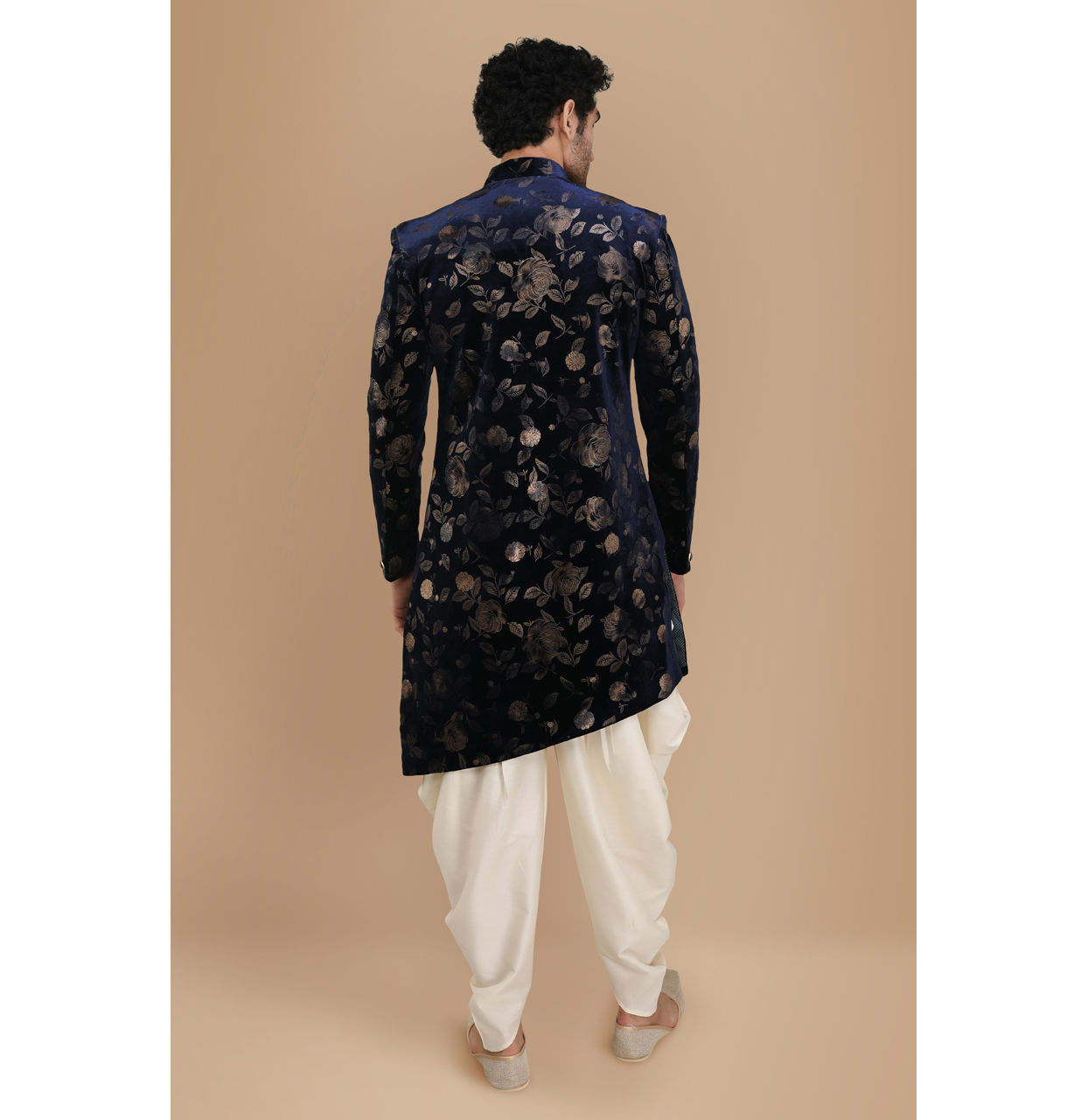 Manyavar Men Bold Blue Patterned Indo Western Set