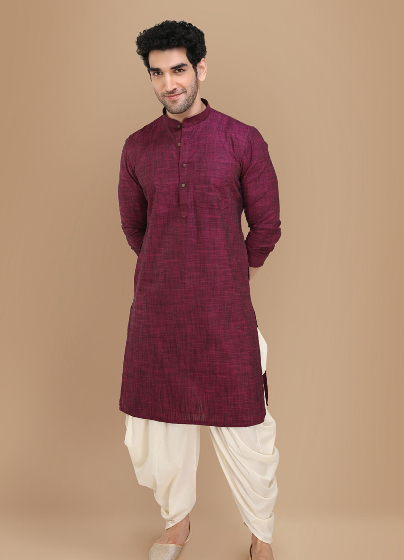 Manyavar Men Wine Self Design Kurta