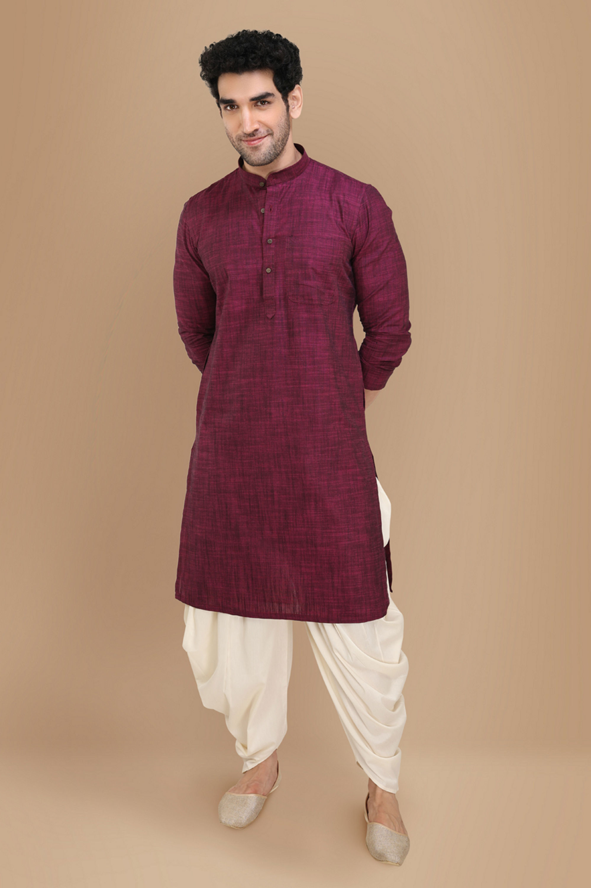 Manyavar Men Wine Self Design Kurta