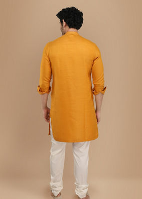 alt message - Manyavar Men Mustard Yellow Asymmetric Kurta image number 2