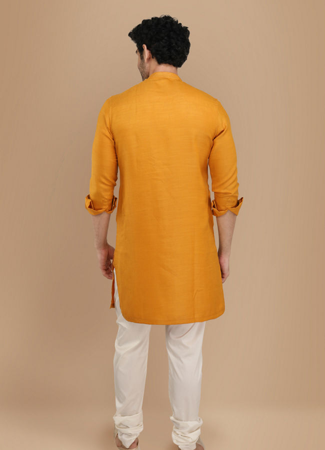 alt message - Manyavar Men Mustard Yellow Asymmetric Kurta image number 2