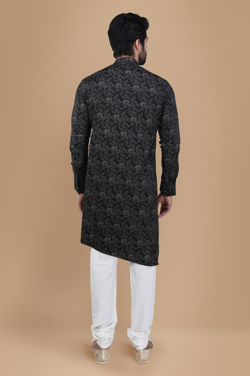 Manyavar Men Smoke Black Floral Print Kurta