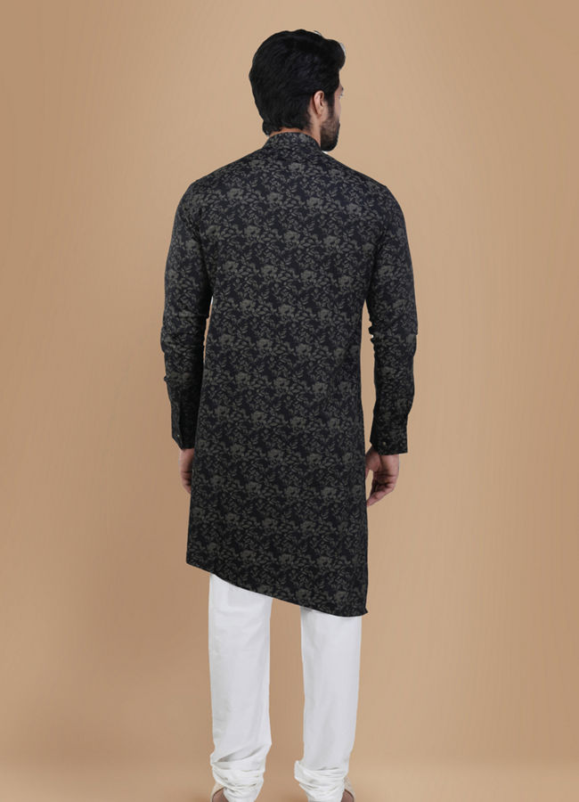 Manyavar Men Smoke Black Floral Print Kurta