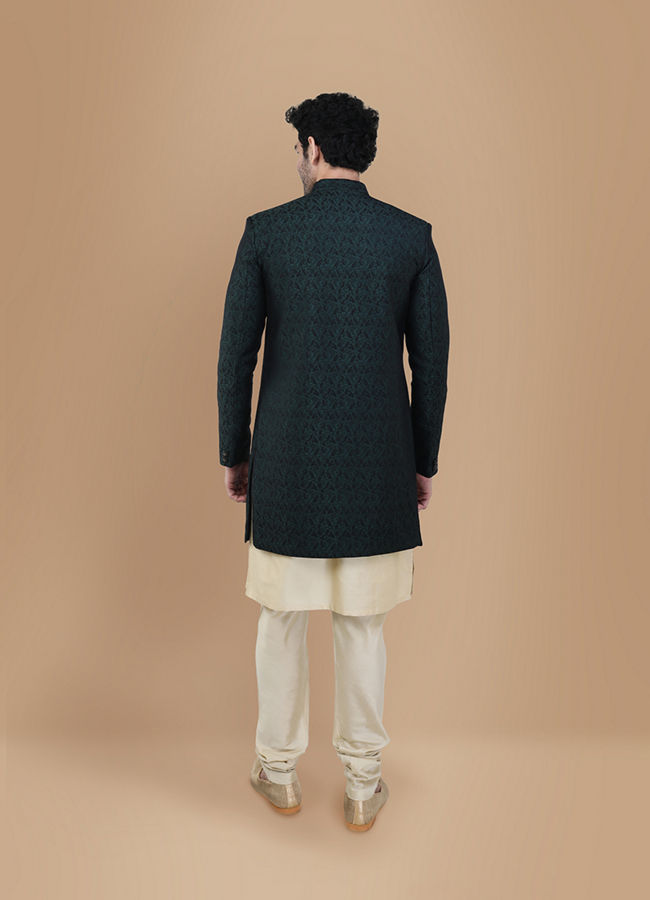 Manyavar Men Magnificient Green Indo Western Set