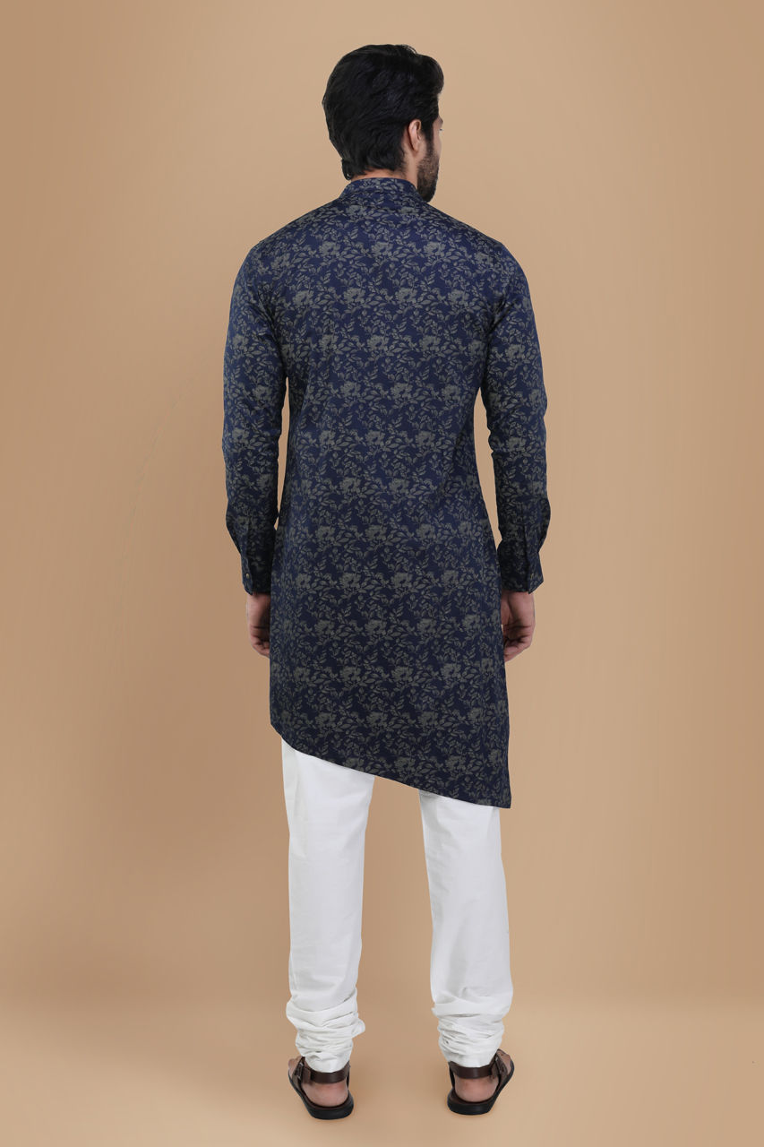 Manyavar Men Royal Blue Floral Print Kurta