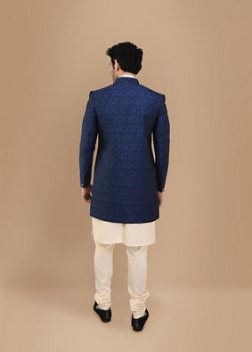 alt message - Manyavar Men Alluring Blue Party Wear Indo Western Set image number 2