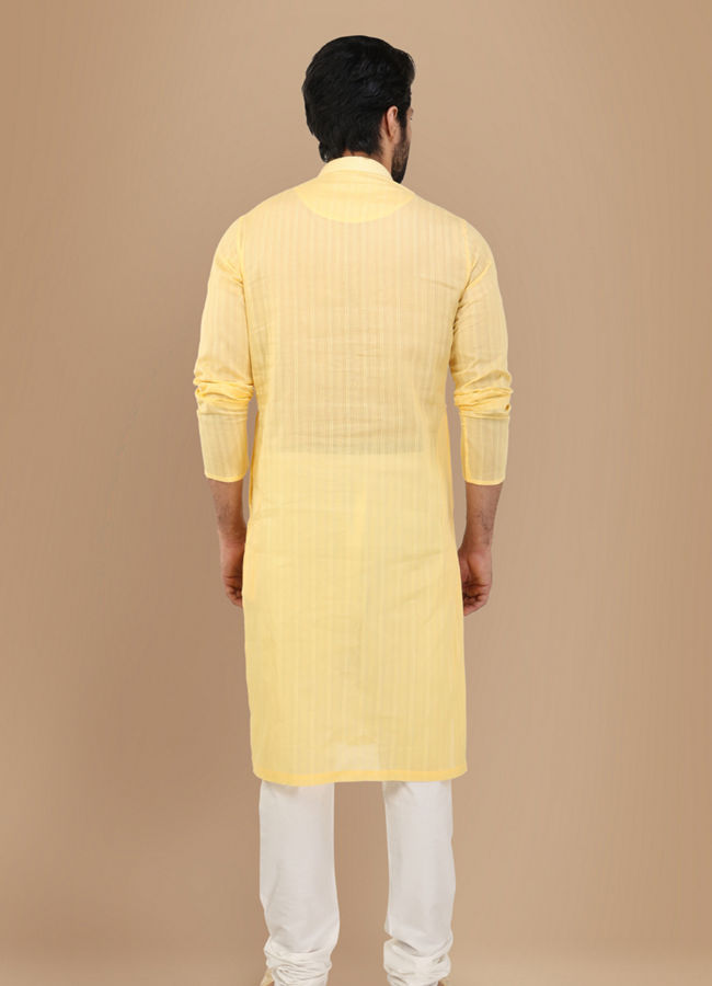 Manyavar Men Pastel Yellow Self Striped Kurta Set