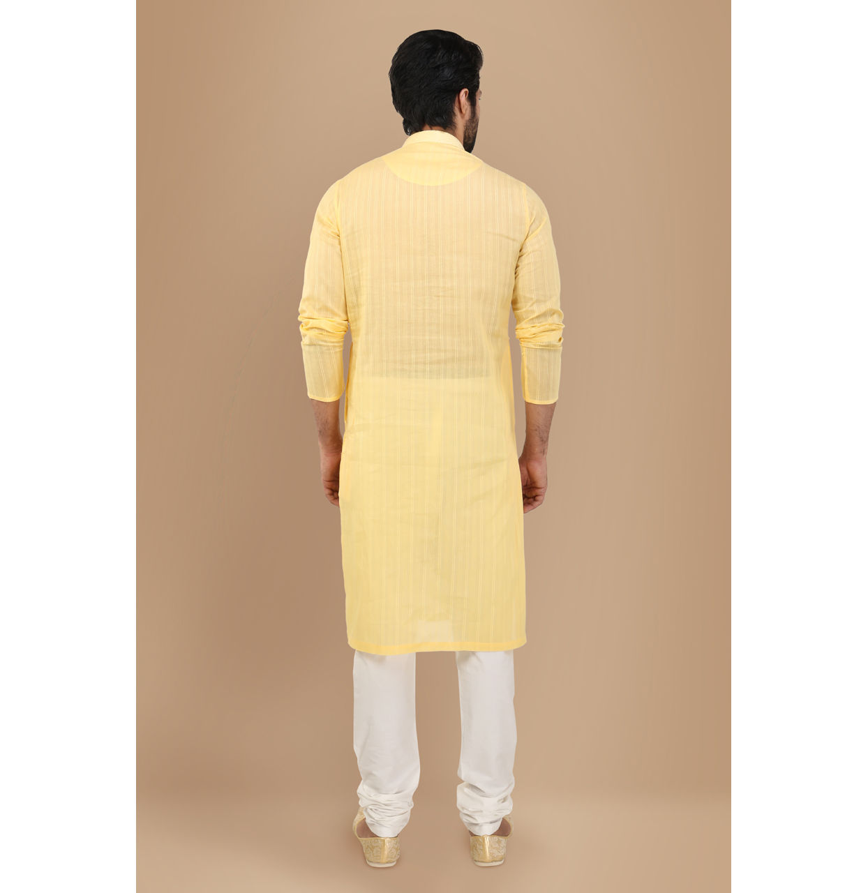 Manyavar Men Pastel Yellow Self Striped Kurta Set