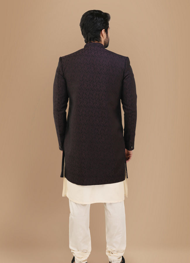 Manyavar Men Form Fitting Wine Indo Western Set