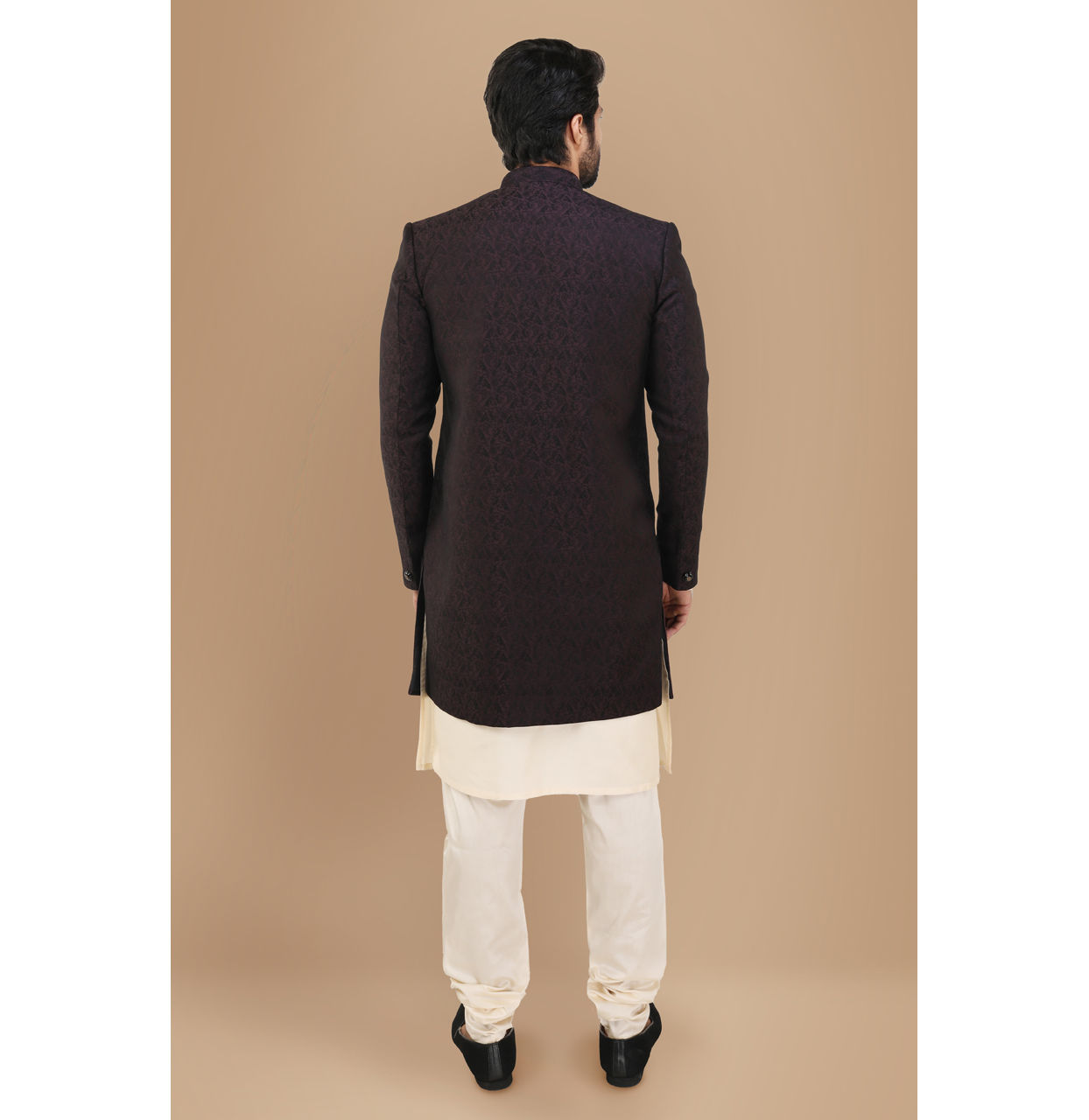 Manyavar Men Form Fitting Wine Indo Western Set