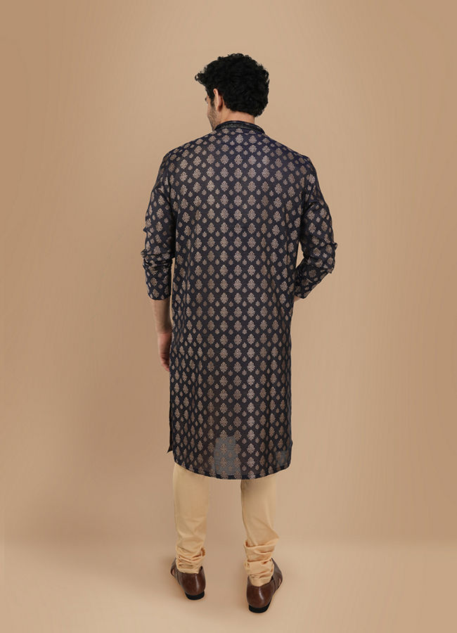 Manyavar Men Royal Blue Jacquard Kurta Set