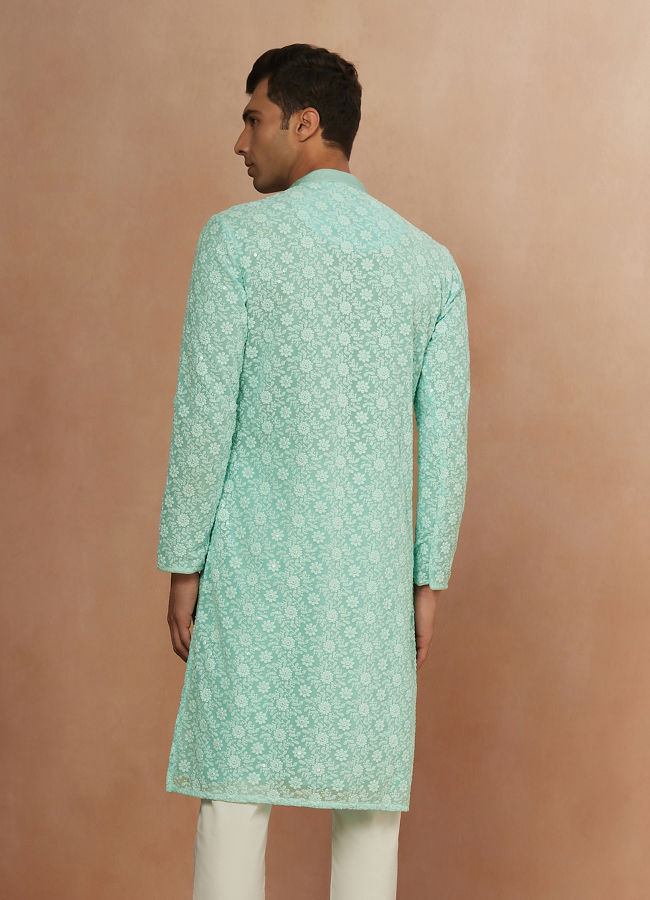 Seafoam Green Chikankari Kurta Pajama image number 4