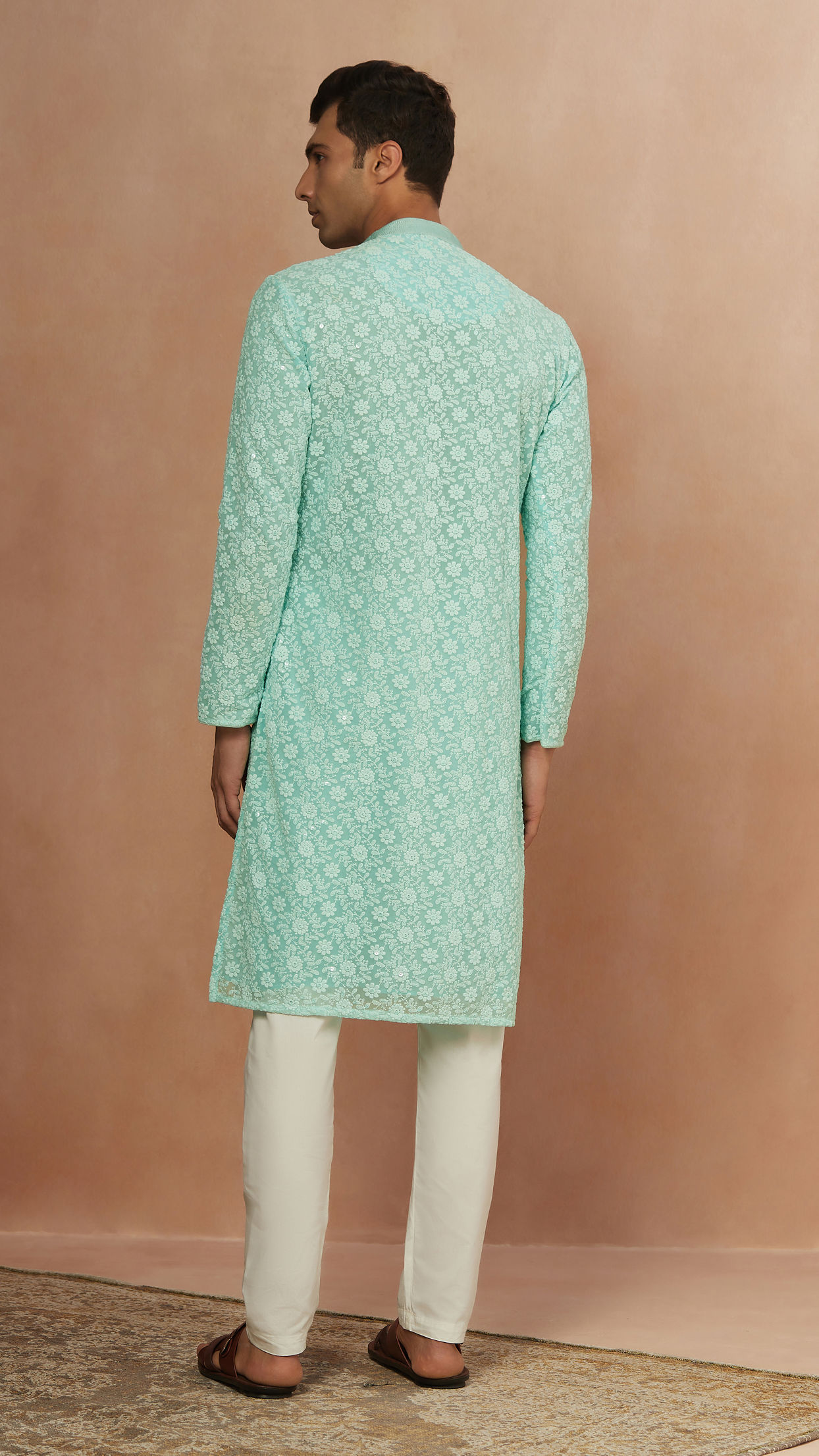 Manyavar Men Seafoam Green Chikankari Kurta Pajama