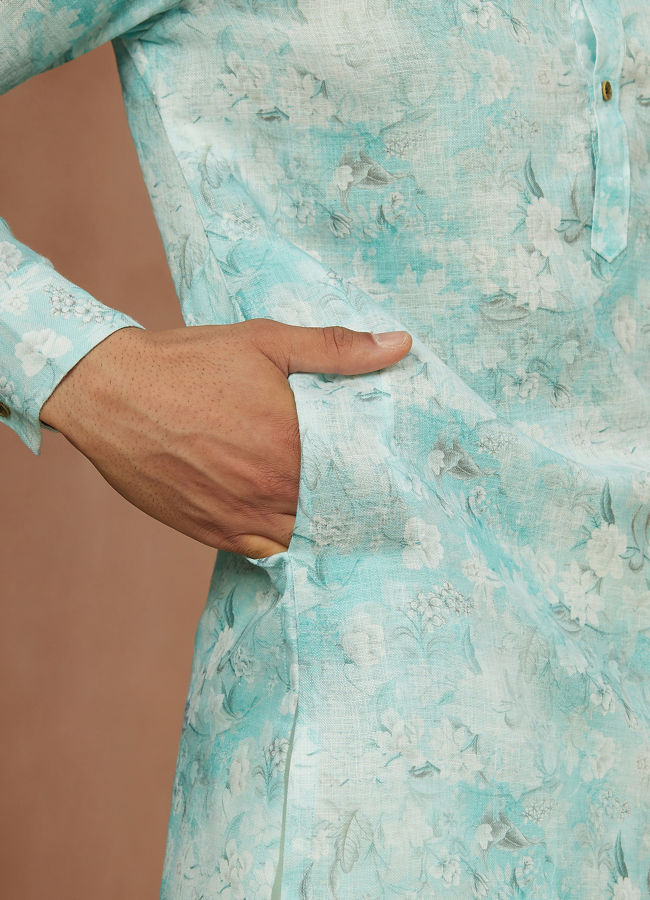 alt message - Manyavar Men Aqua Green Floral Print Kurta image number 2