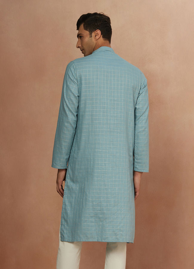 alt message - Manyavar Men Teal Blue Chequered Kurta Pajama image number 2