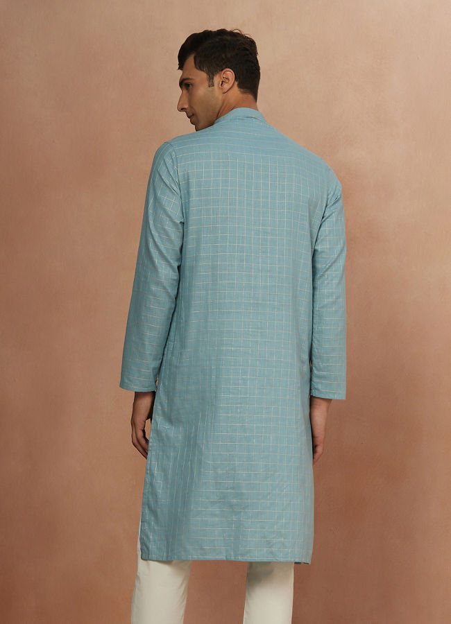 Manyavar Men Teal Blue Chequered Kurta Pajama