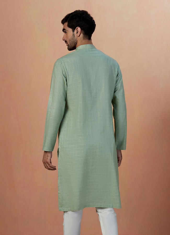 Manyavar Men Sage Green Self Checquered Kurta Pajama