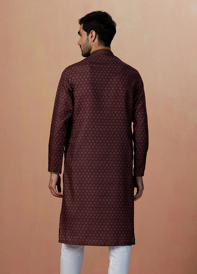 Manyavar Men Wine Floral Print Kurta Set