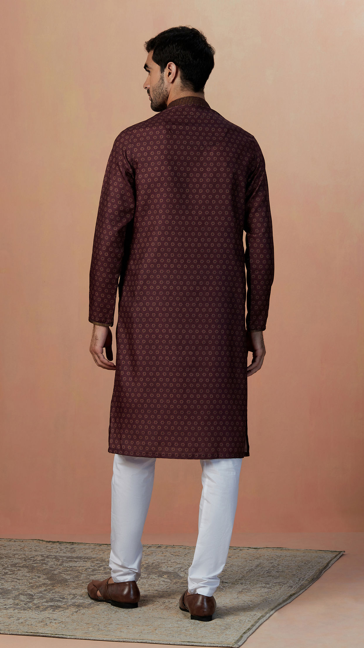 Manyavar Men Wine Floral Print Kurta Set