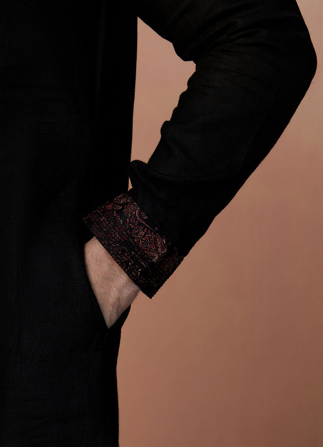 Manyavar Men Black Side Open Plain Kurta