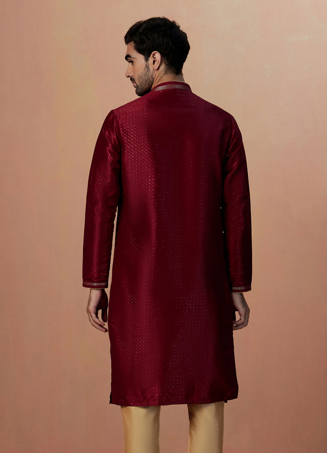 alt message - Manyavar Men Maroon Golden Booti Kurta Pajama image number 4