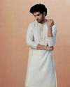 alt message - Manyavar Men Light Cream Self Design Kurta Jacket Set image number 2