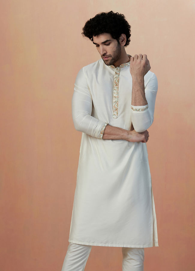 Manyavar Men Light Cream Self Design Kurta Jacket Set