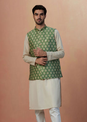 alt message - Manyavar Men Sage Green Jacket With Golden Motifs image number 1