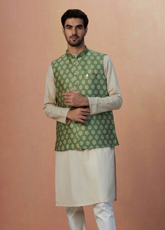 Manyavar Men Sage Green Jacket With Golden Motifs