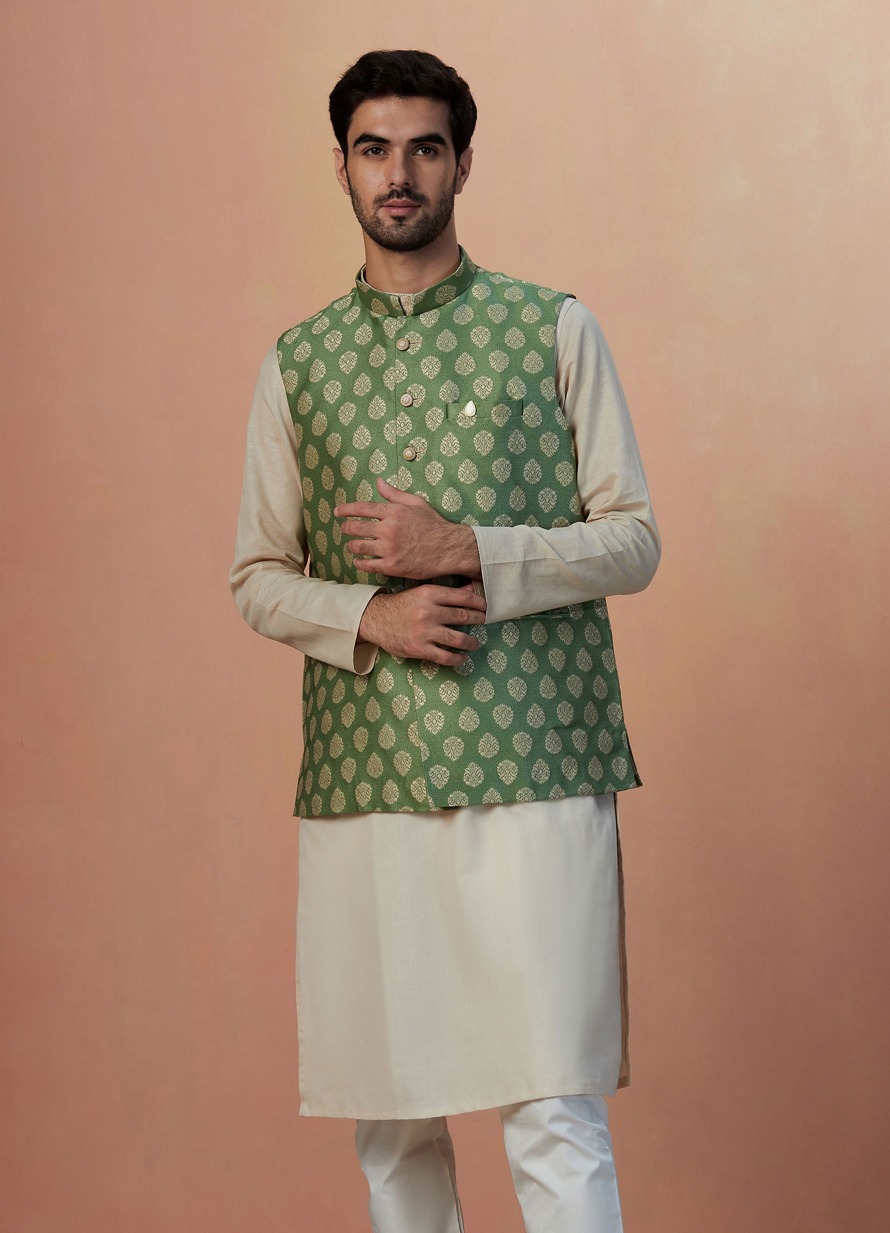 Manyavar Men Sage Green Jacket With Golden Motifs