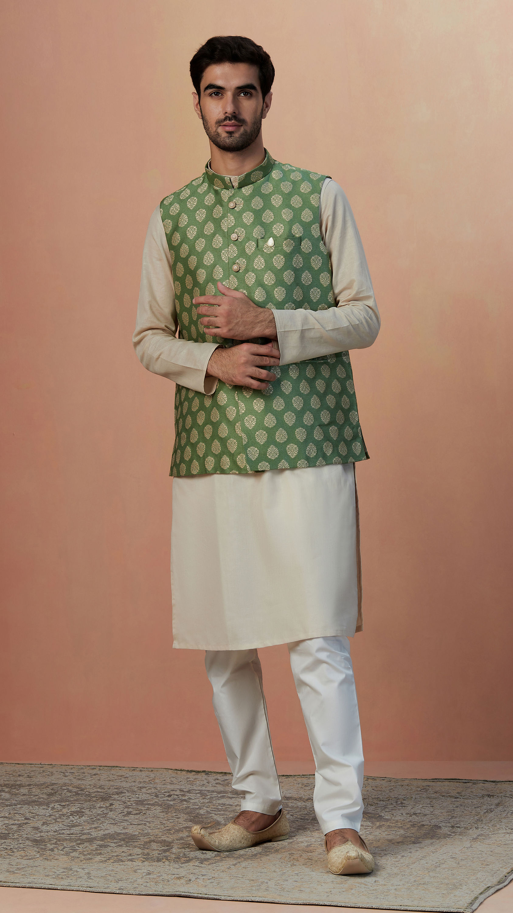 Manyavar Men Sage Green Jacket With Golden Motifs