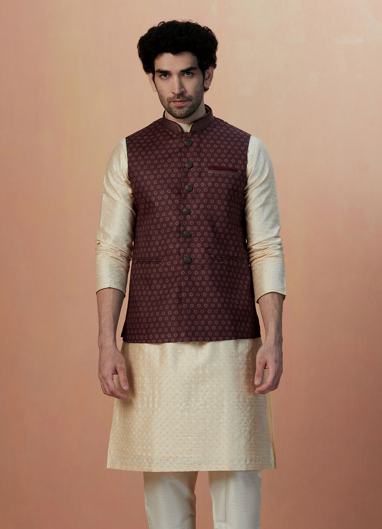 Manyavar Men Maroon Floral Print Jacket