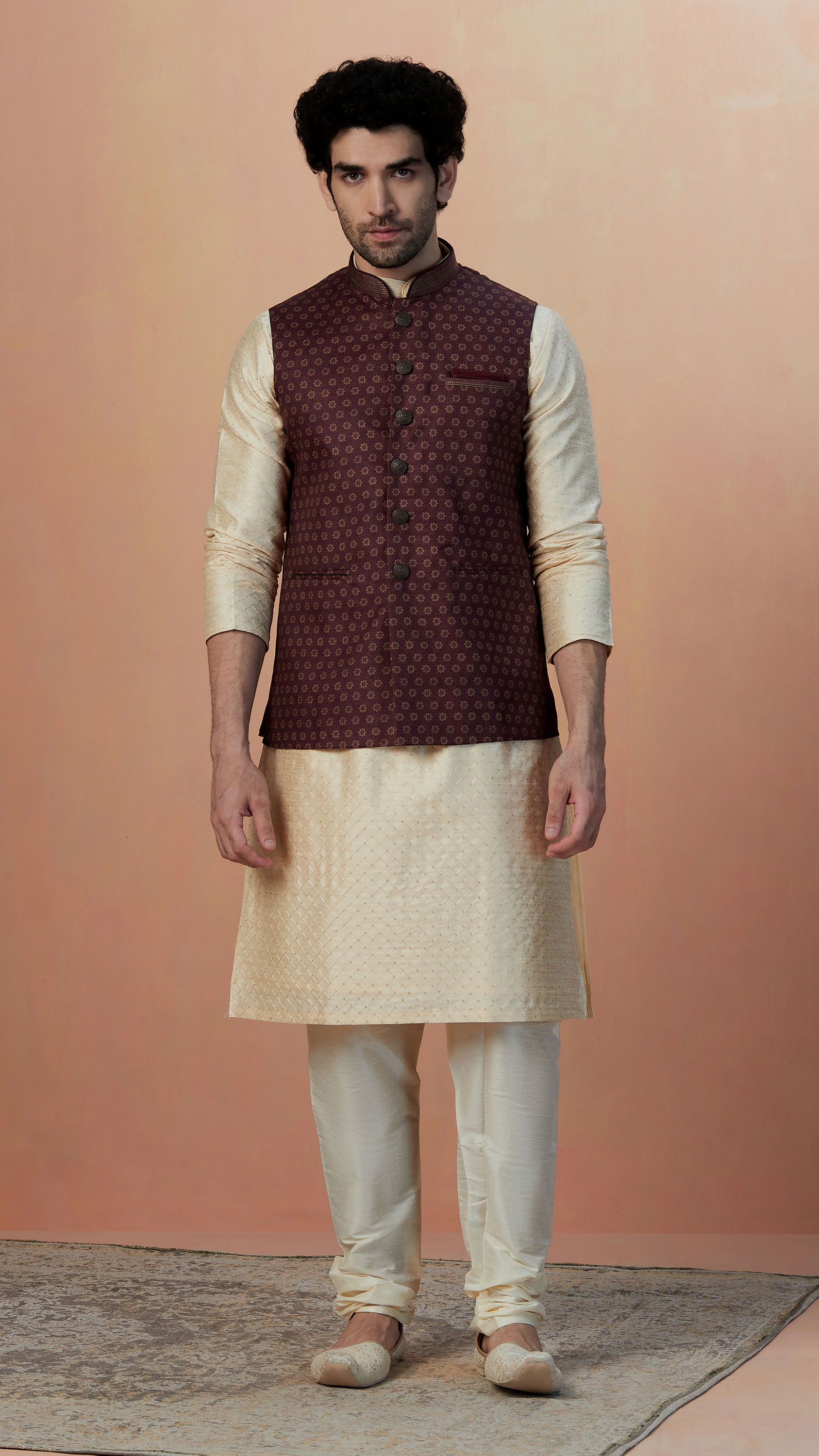 Manyavar Men Maroon Floral Print Jacket