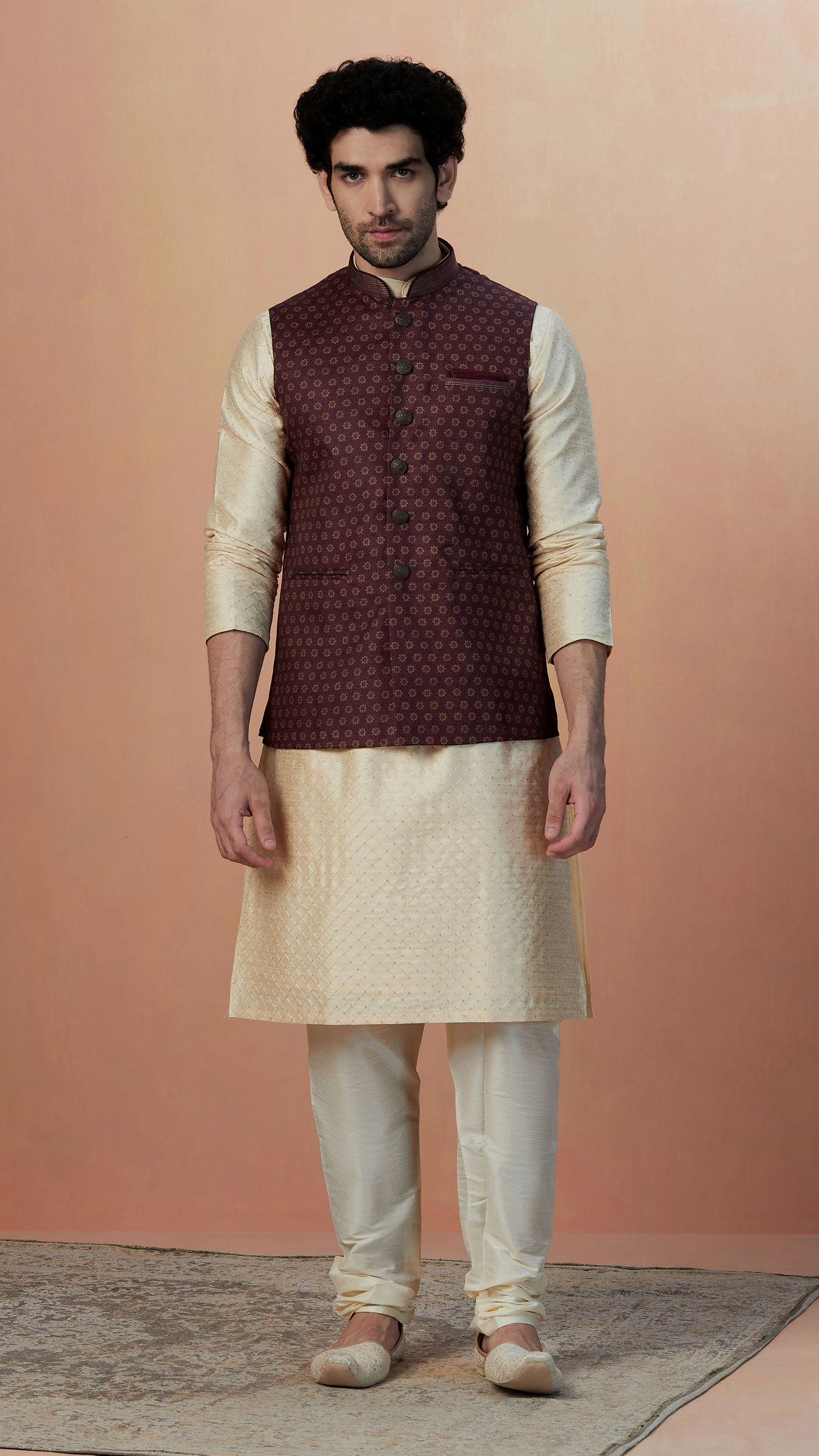 Manyavar Men Maroon Floral Print Jacket image number 1