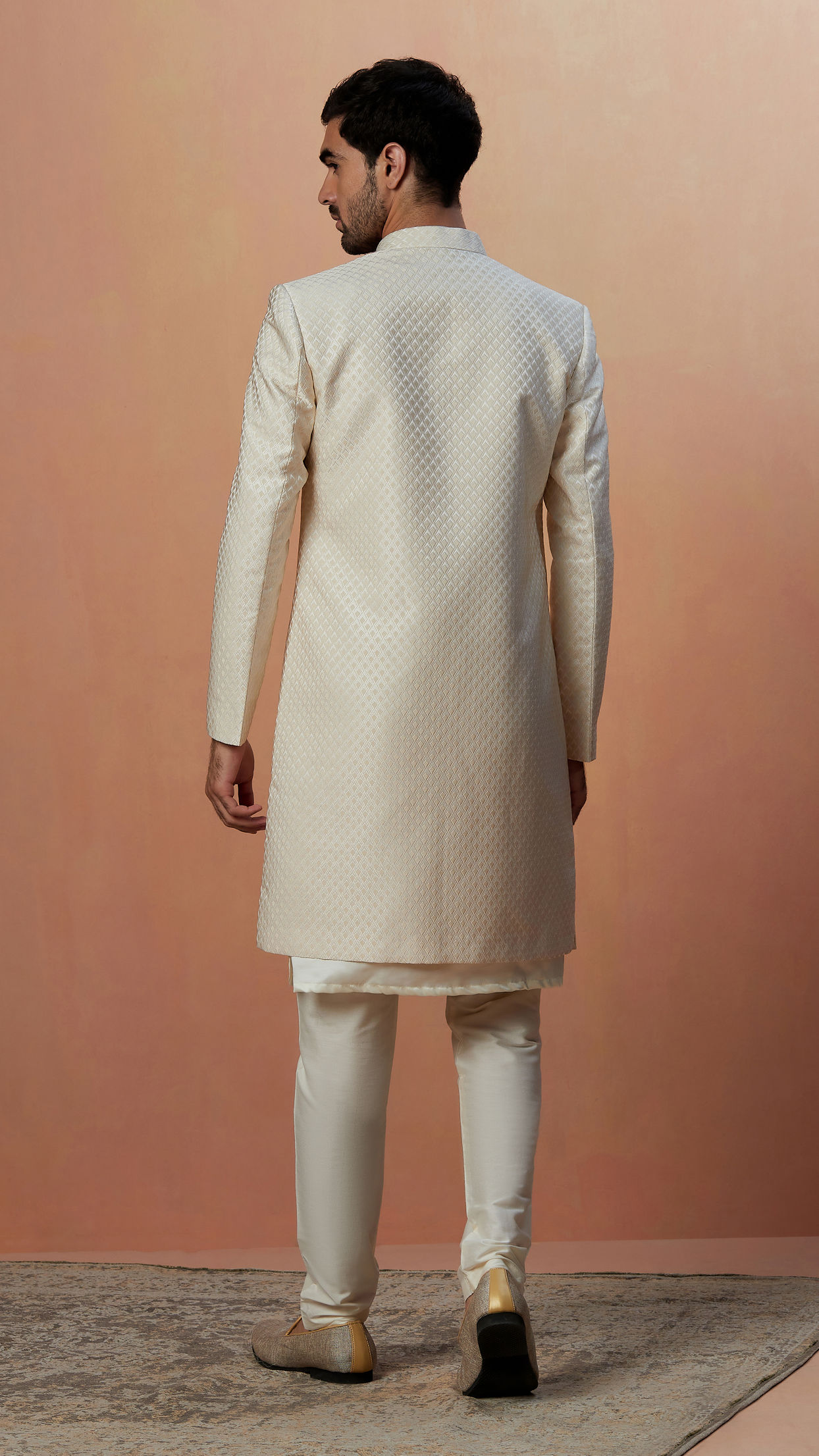 Manyavar Men Off White Self Design Jacket Indo Western