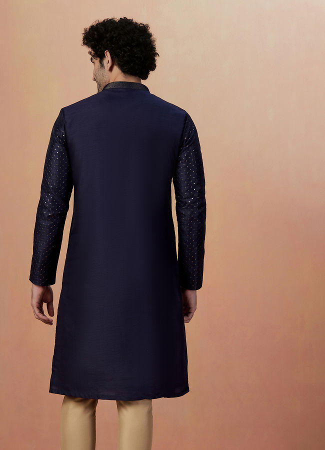 Manyavar Men Dark Blue Sequins Embroidered Kurta Pajama