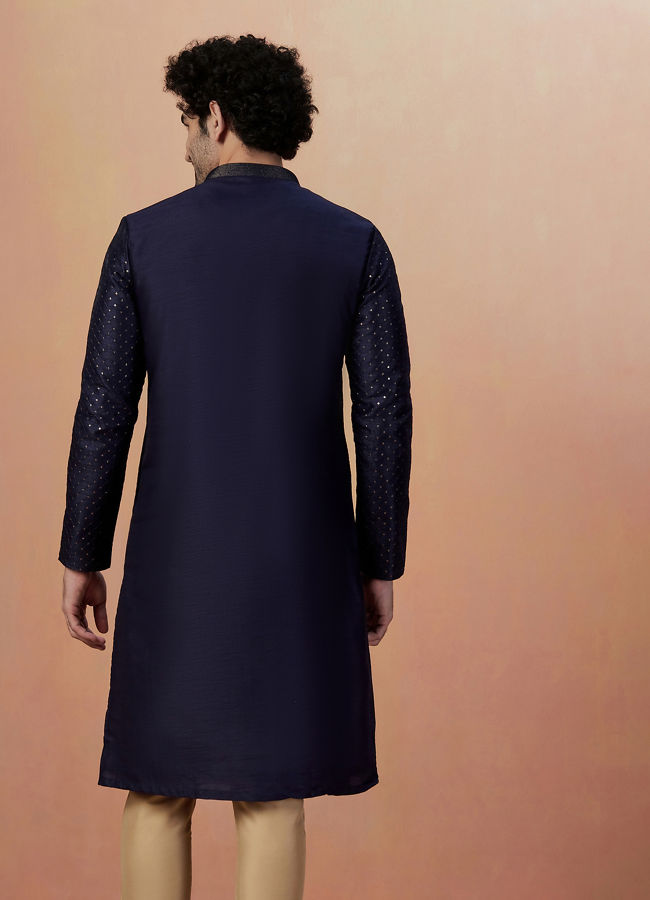 alt message - Manyavar Men Dark Blue Sequins Embroidered Kurta Pajama image number 4