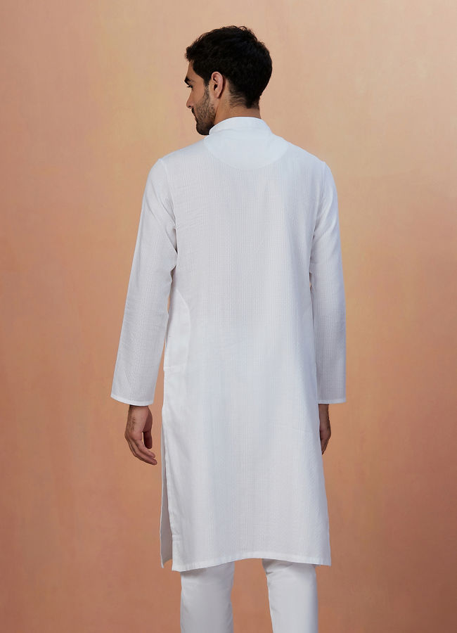 Manyavar Men White Self Striped Kurta Pajama